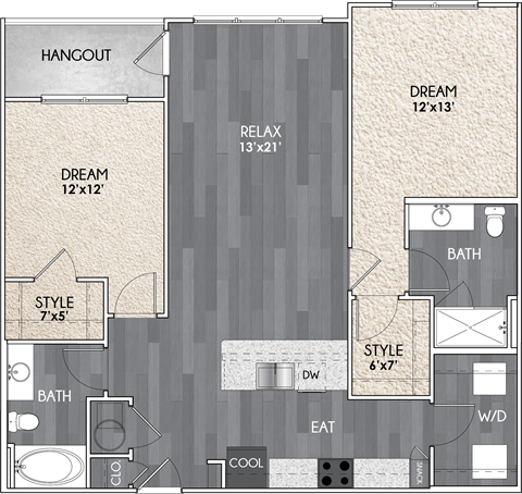 Floor plan for 2 beds, 2 baths, 1147 sqft